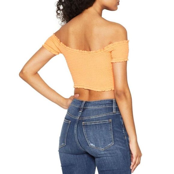 BCBGeneration Crop Top Women's‎ XS Orange Smocked Off-The-Shoulder Stretch NEW - Picture 11 of 11